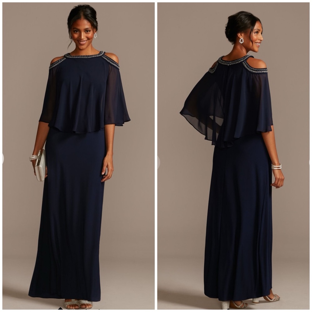 NWT‎ Alex Evenings Embellished Cold Shoulder Chiffon Capelet Dress Navy Size 16